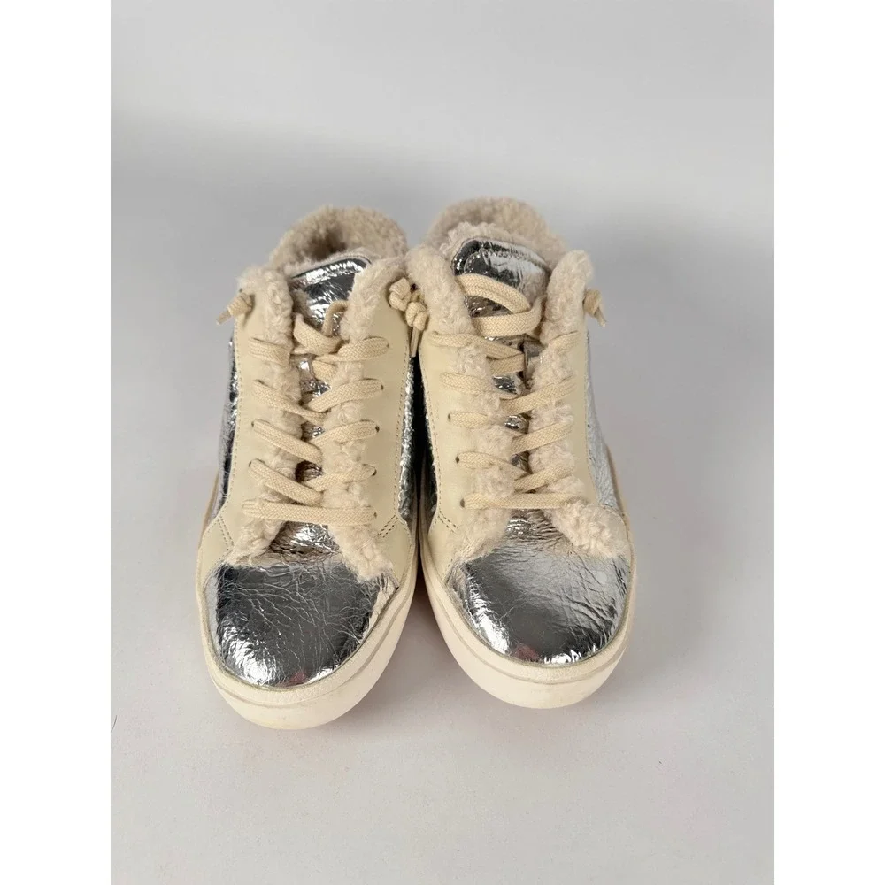 Dolce Vita Zina Metallic Silver Faux Fur Lined Slip‎ On Sneakers Womens 9